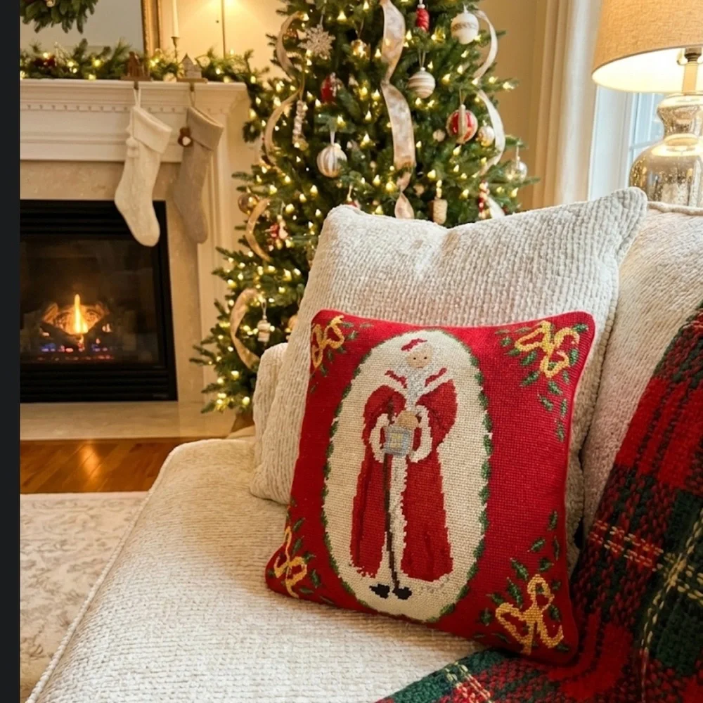 Vintage Needlepoint Santa Claus Christmas Throw Pillow With Lantern & Gold Bows